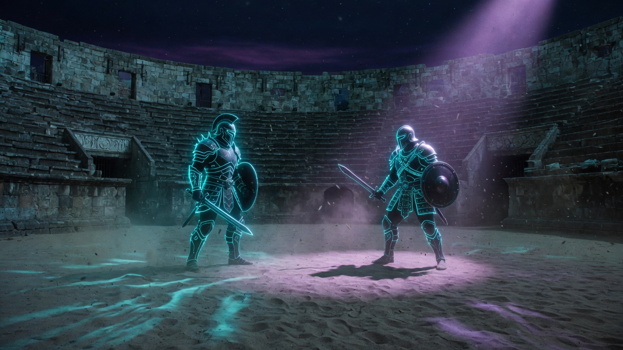 Two fighters facing each other in a stone arena at night.