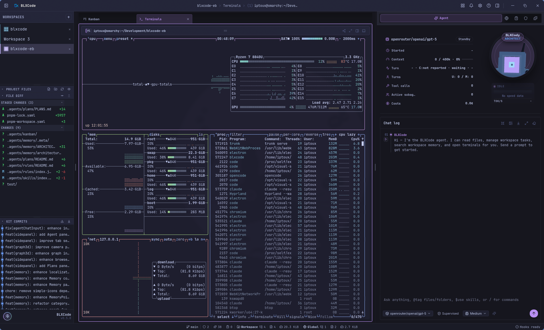 BLXCode workbench with terminal grid and agent sidebar.