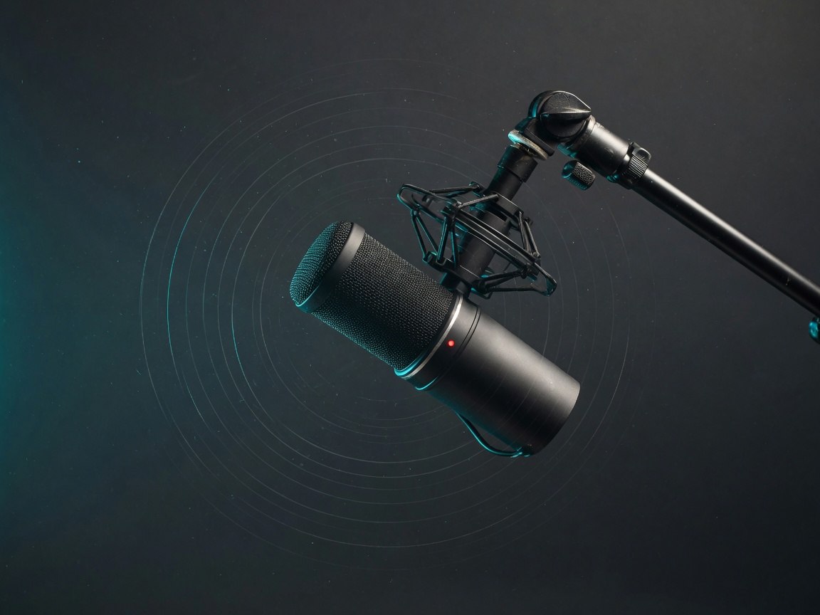 A studio microphone on a boom arm, ringed by concentric sound waves.