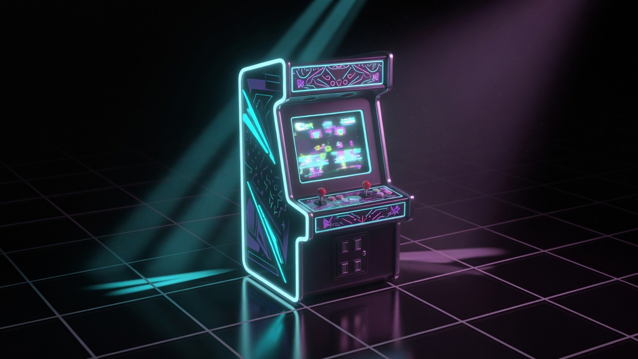 A neon arcade cabinet on a dark grid floor.