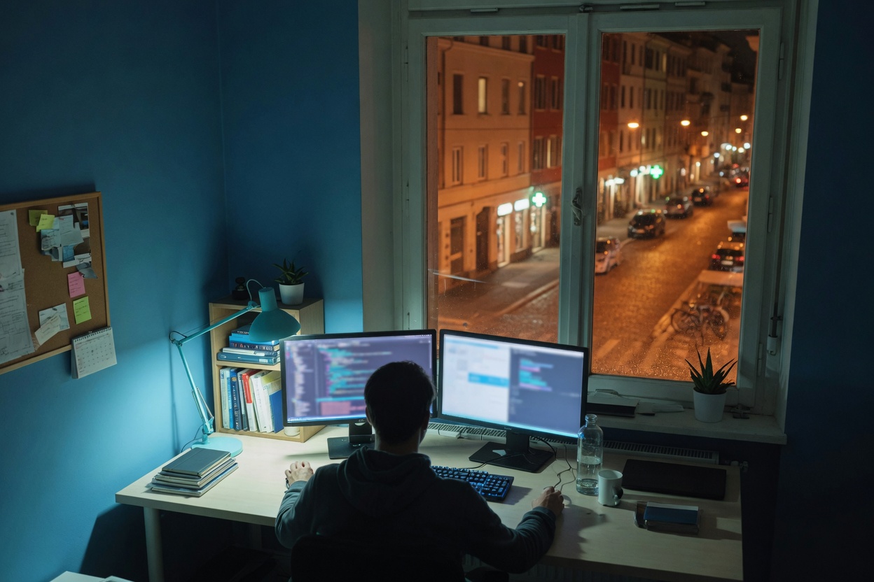 A person working at a desk with two monitors in a small city apartment at night.